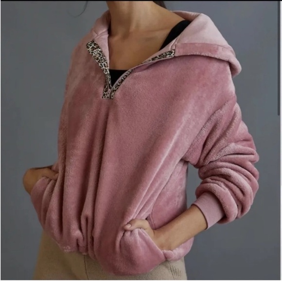 Anthropologie Sunday in Brooklyn Kelyn Pink Leopard Fleece Pullover Jacket - Picture 1 of 12